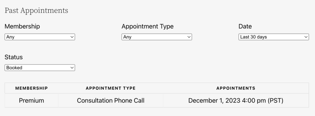 Screenshot of the Past Appointments are in the MemberPress User Dashboard.