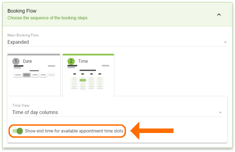 Toggle on Show End Time for available appointment time slots at the bottom of the Booking Flow tab screen.