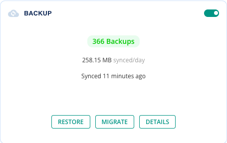 Screenshot of the BlogVault backup interface where the user can see the last time the website was synced and can choose to restore, migrate, or see more details on their backup file.