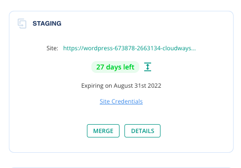Screenshot of the BlogVault staging site interface where the user can see the link to their staging site along with information on when it expires. Buttons and links are also displayed to get the staging site site credentials, merge the site, or see more details.
