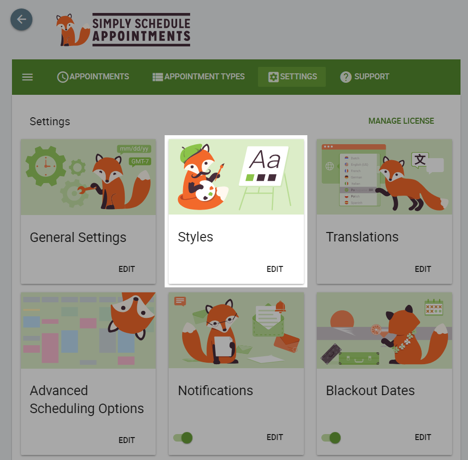 Style setting card depicted in the Settings of the Appointments admin area plugin.