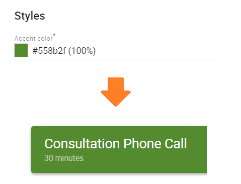 Accent Color modified and displaying in the appointment type selection to create a custom style.