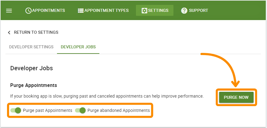 Toggle on the "Purge past Appointments" and "Purge abandoned Appointments". Select PURGE NOW!