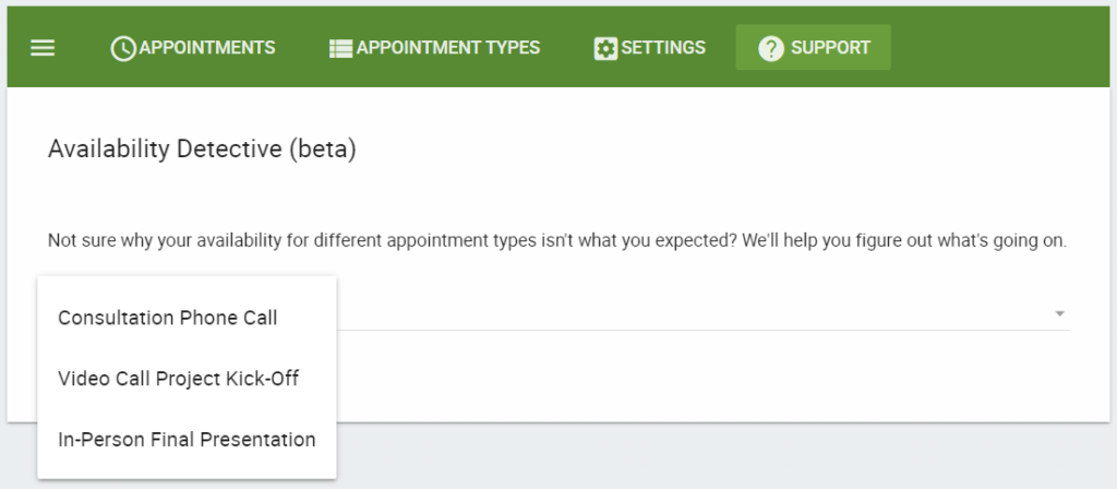 Select Appointment Type in Availability Detective from the dropdown options