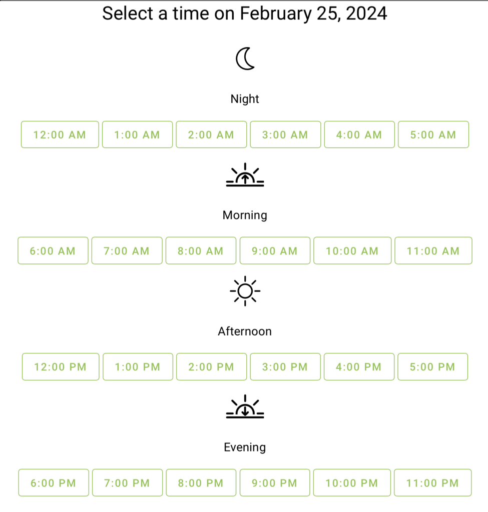 Time Slots Organized into rows according to their corresponding Time of Day categories.