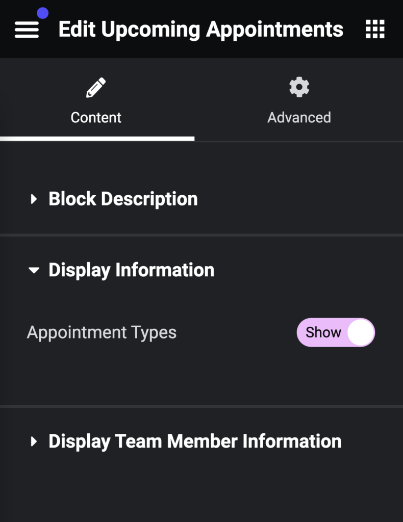 Elementor "Upcoming Appointment" widget settings.