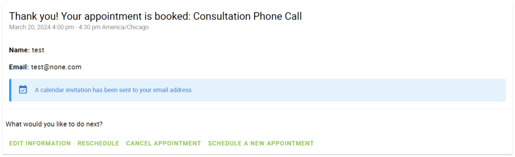 A Booking Form's Confirmation Screen that is displaying the message that a calendar invitation has been sent to the customer's email address. 