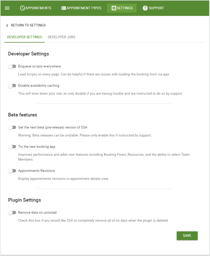 Developer settings page that can be scrolled from WP-Admin > Settings > Developer