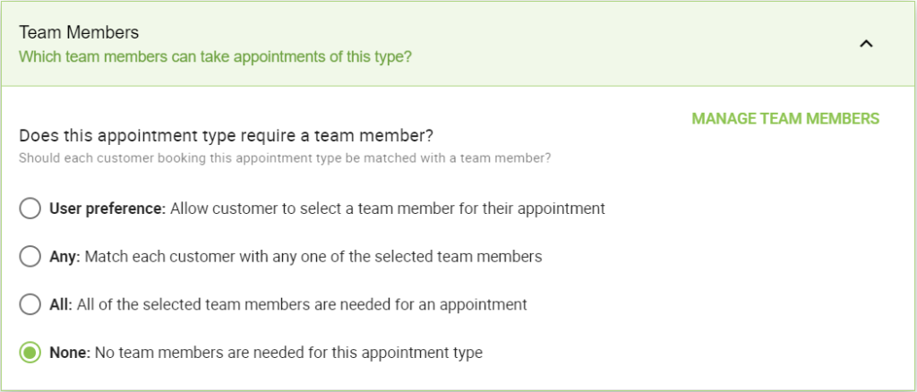 Team Members selection options in the Appointments Type setting