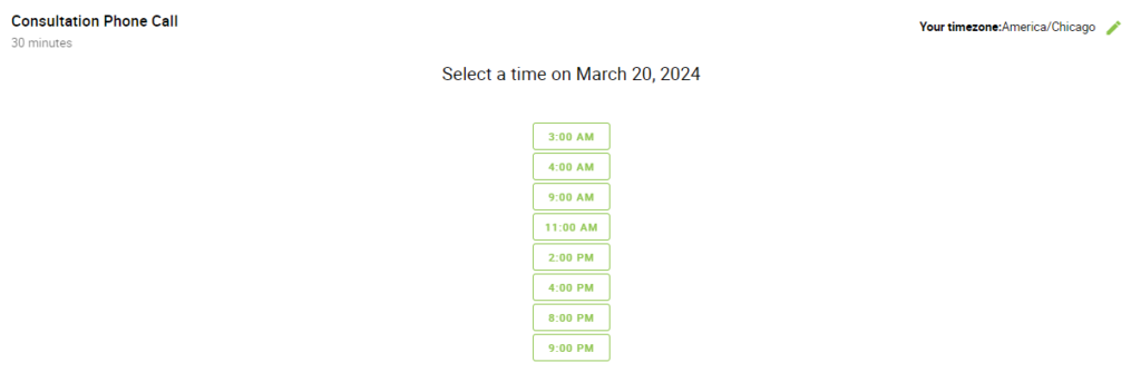 A booking calendar showing the time view in the single column format.