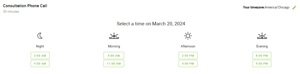 A booking calendar showing the time view in the time of day columns format.
