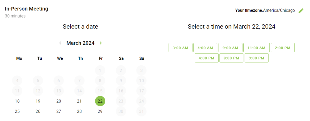 A booking calendar showing the appointment options view in the block format.