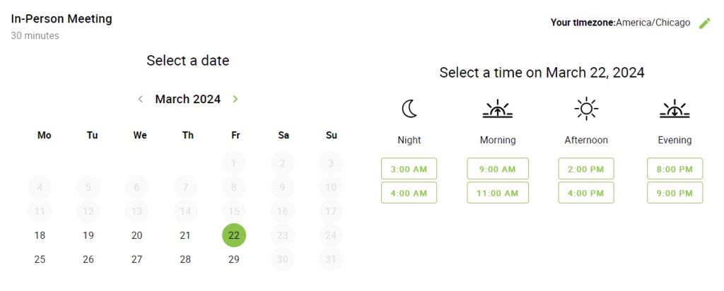 A booking calendar showing the appointment options view in the time of day columns format.