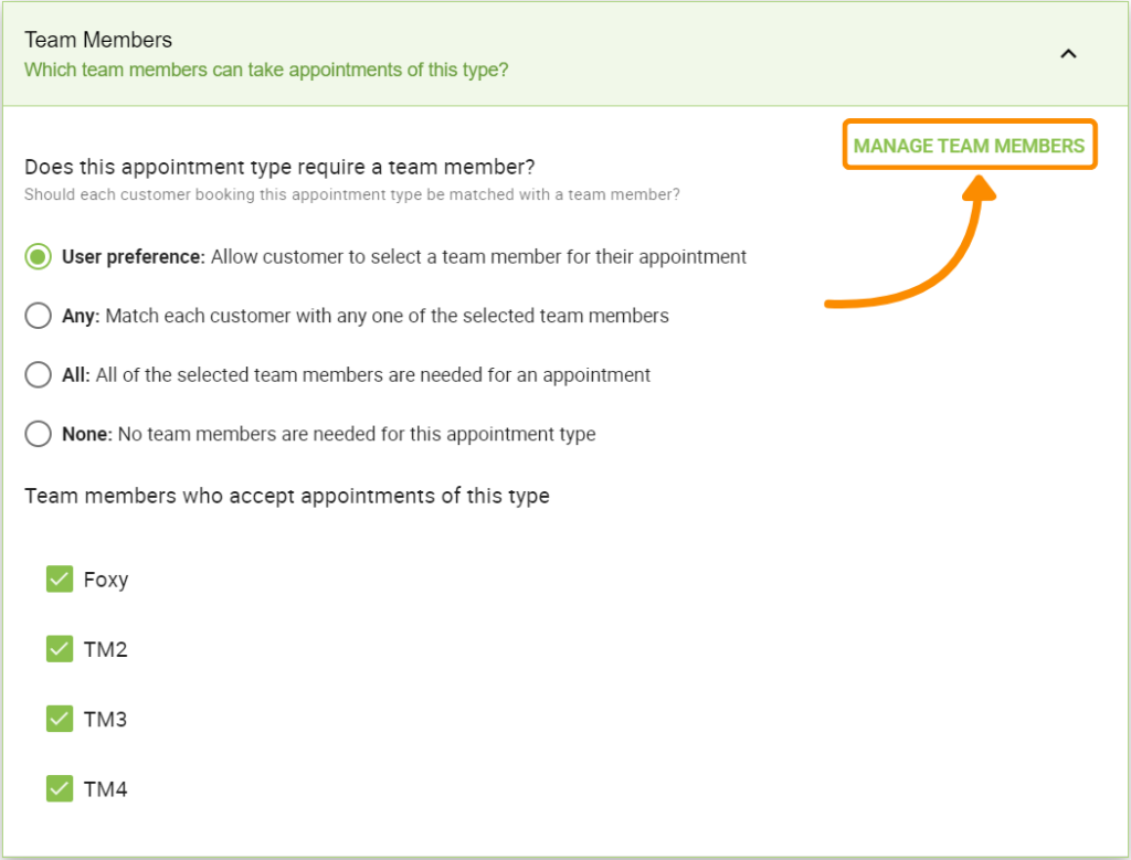 Arrow pointing at MANAGE TEAM MEMBERS under the Team Members in the Appointment Type settings.