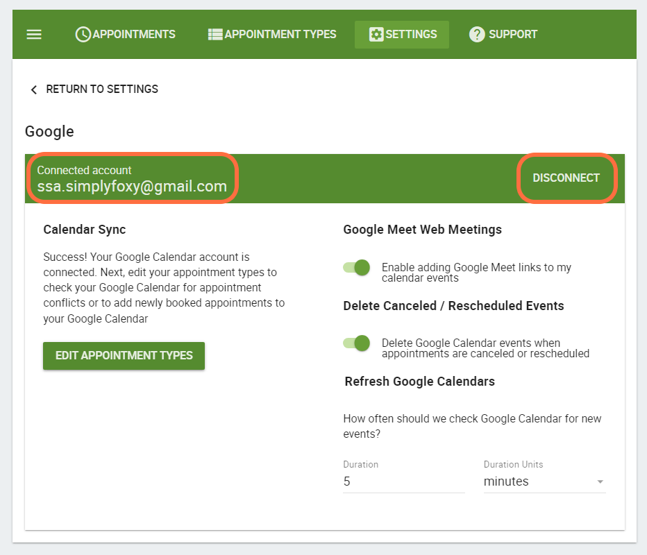 A Google account that has successfully been connected with Simply Schedule Appointments, where the disconnect button is also available in the upper right hand conrer.