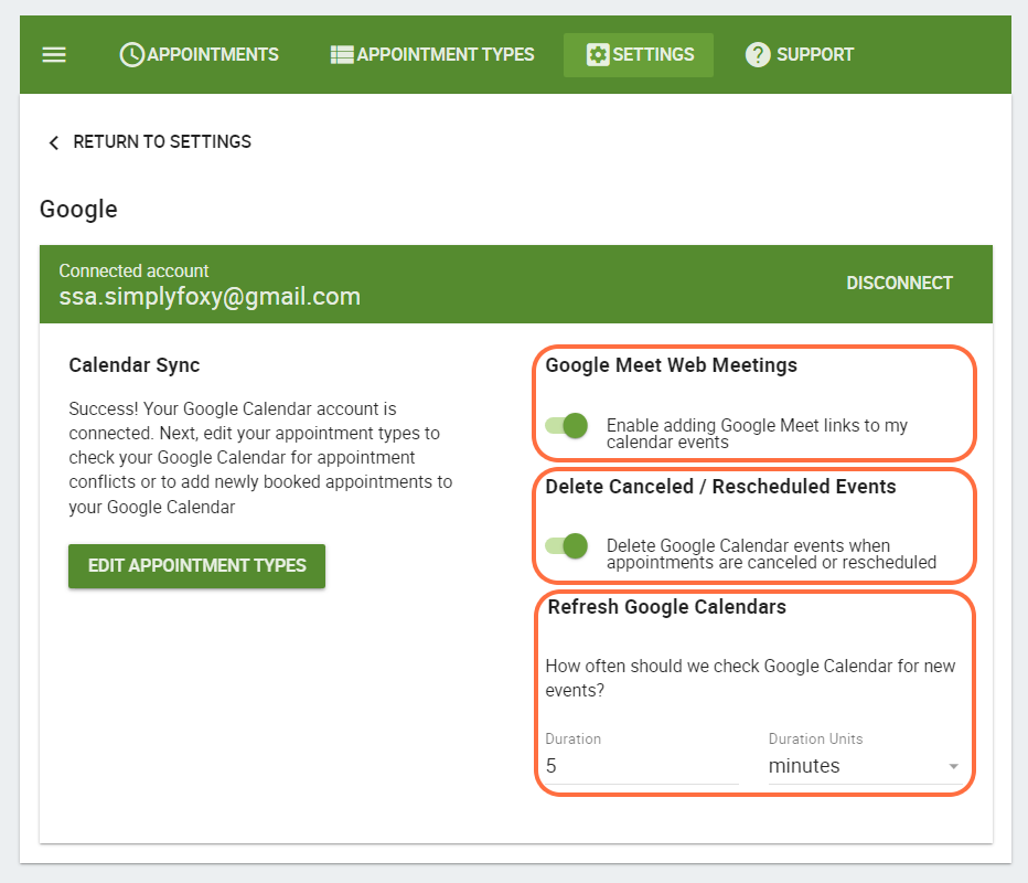 Additional Google Calendar settings, such as the Google Meet Web Meeting options, the ability to delete canceled/rescheduled events, and the refresh Google Calendar rate.