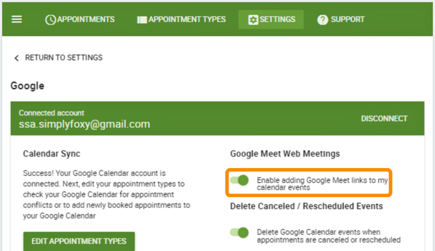 Screenshot depicting how to toggle on Google Meet web meetings in SSA's Google Settings.
