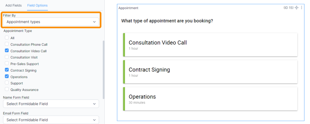 Select "Filter by Appointment types" under Filter By in the Formidable Formidable Forms