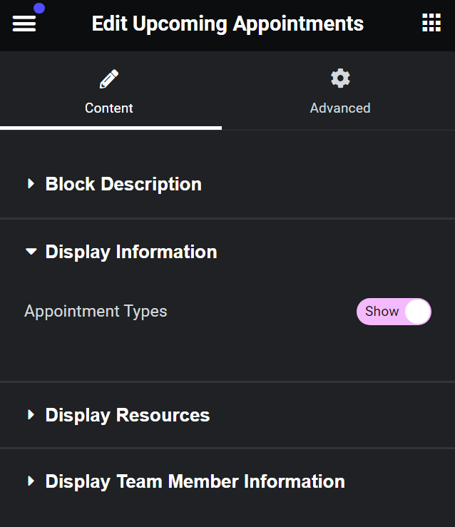 Upcoming Appointments Elementor Module displaying several options about Appointment Types, Resources, and Team Members.