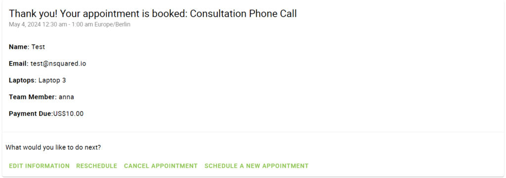 Full details of the booked appointment accessed with view details option.