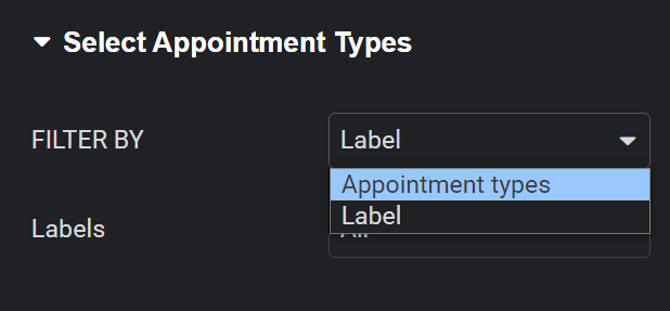 A dropdown depicting Appointment Types or Labels that user can select to display.