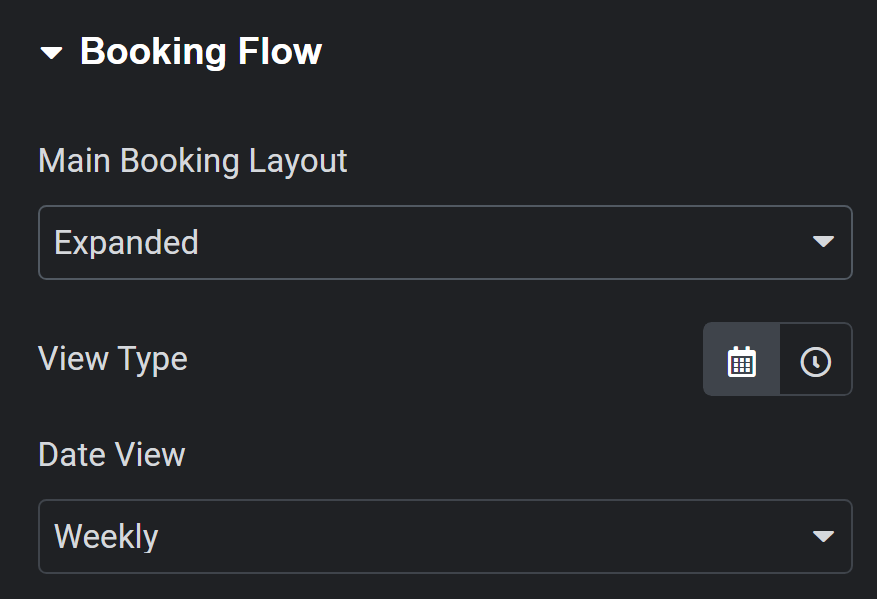 Expanded Main Booking Flow depicting View Type and Date View options.