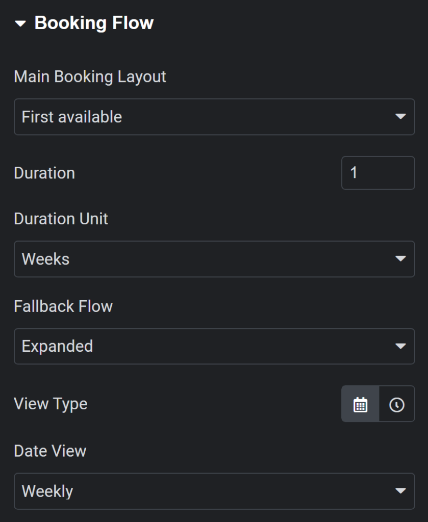 First Available Booking Flow depicting the duration, duration unit, fallback flow, view type, and date view options in the Elementor Module.