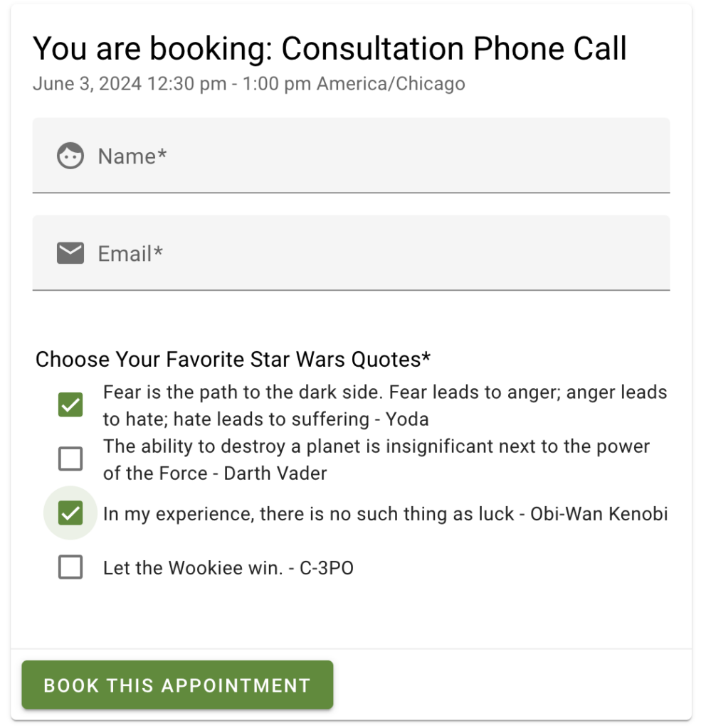 Booking form containing a checkbox field, the checkbox values are bulky but the spacing is allowing for clear readability despite the narrow screen size.