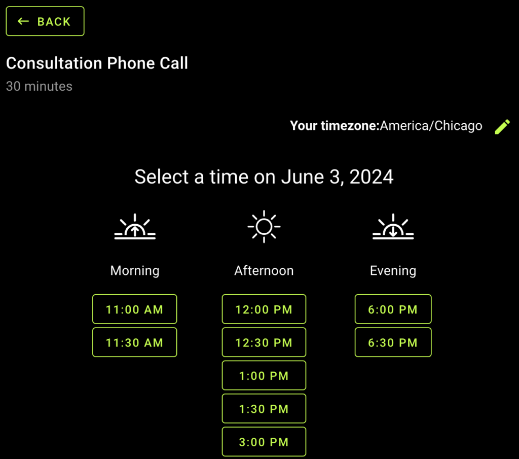 Select a time screen in the booking plugin, the app is set to use a black background and all the text is clear and contrasted.