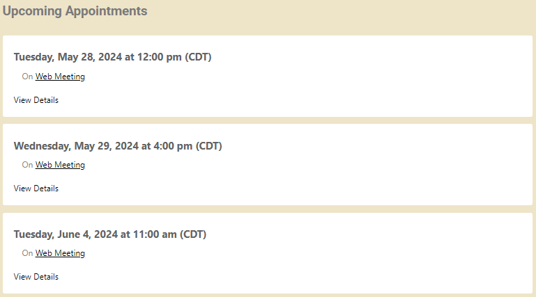 Upcoming Appointments Module showing list of upcoming appointments