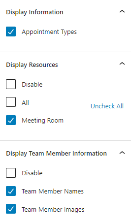 Upcoming Appointments Module Selections for displaying Appointment Type, Resources, and Team Member information.