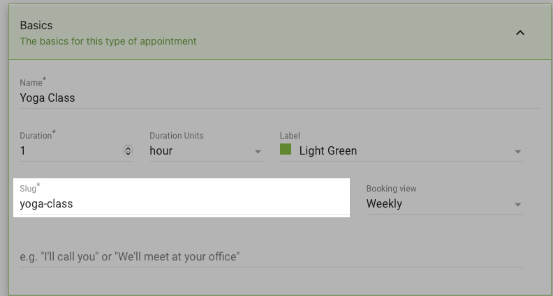 Slug field in the Appointment Type Settings
