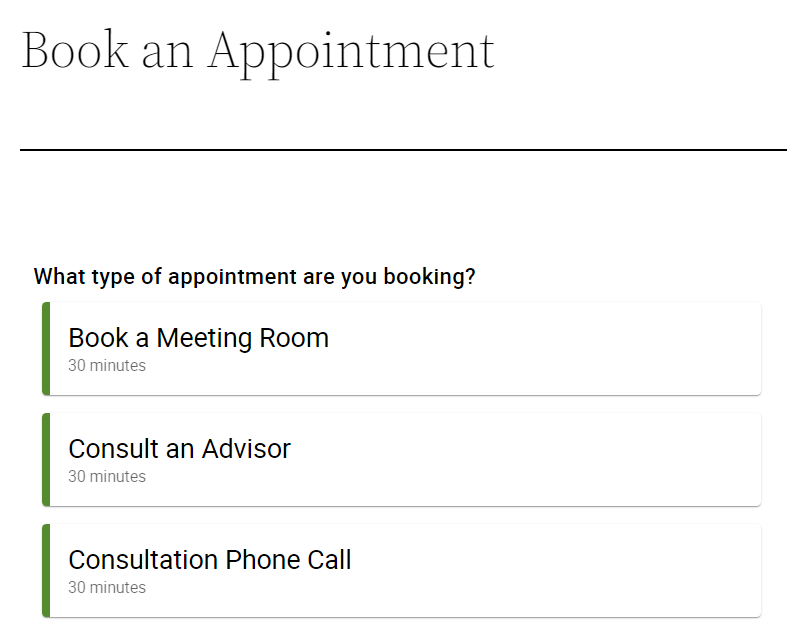 List of appointment types displayed on a page, default layout.