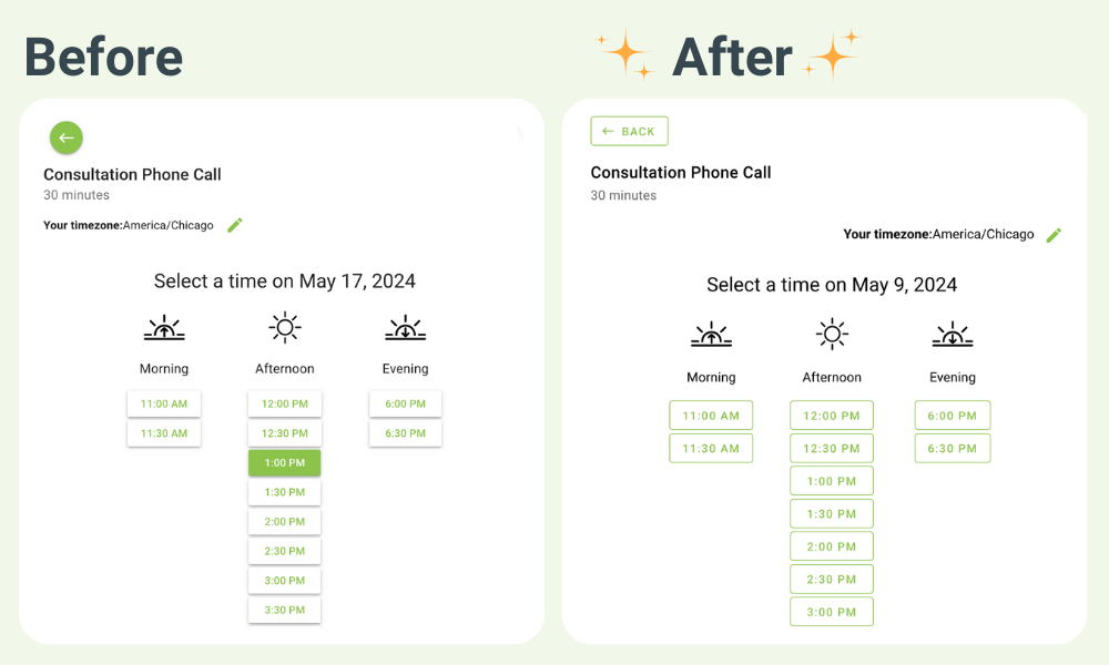 Visual comparison of the date selection screens between the old and new booking apps. 
