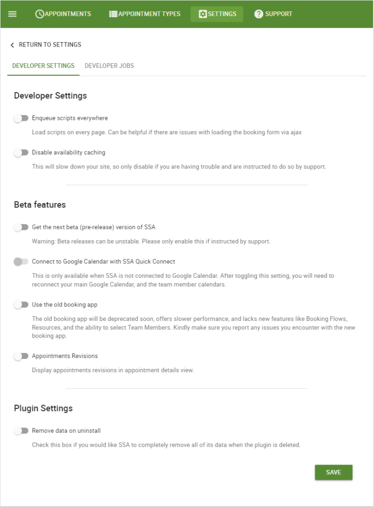Developer settings page that can be scrolled from WP-Admin > Settings > Developer