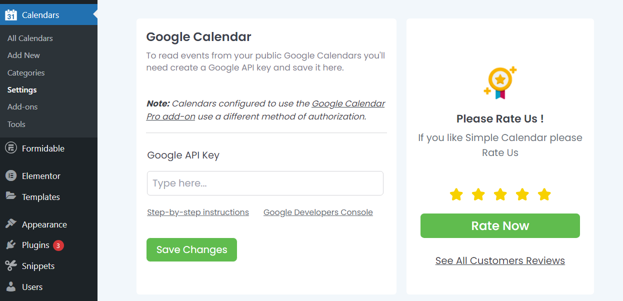 Simple Calendar settings Google API Key