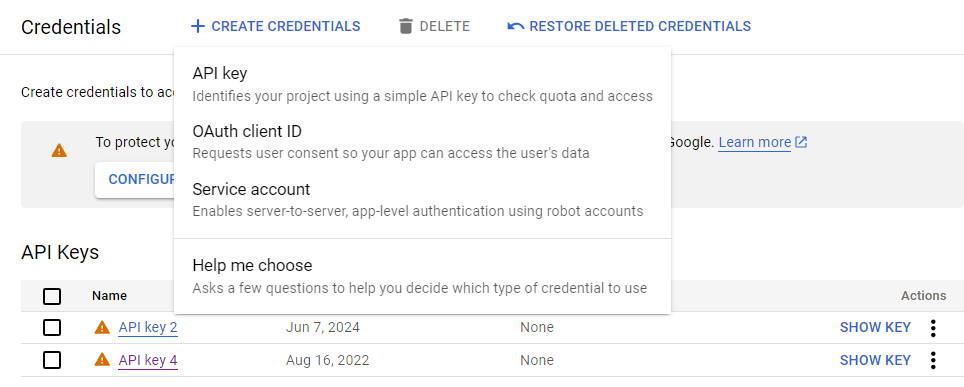 Create API Key in Credentials to add to Simple Calendar.