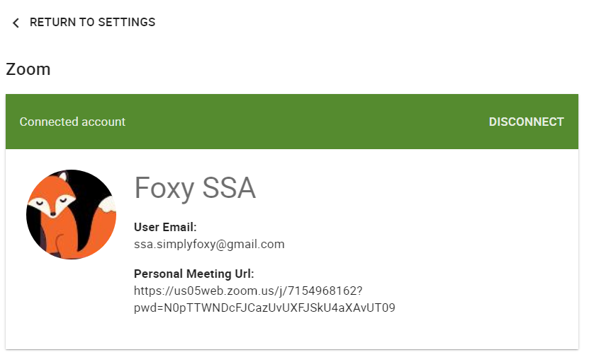Foxy account connected to Zoom in SSA Settings.