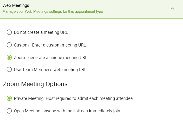 Choosing Web Meeting Options  for Zoom.