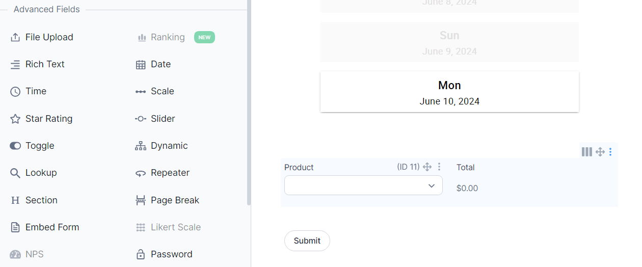 Adding the Product and Total fields to Formidable Forms.