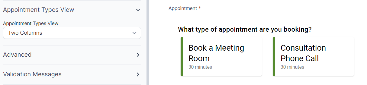 Two-column view for the appointment types in Formidable Forms.