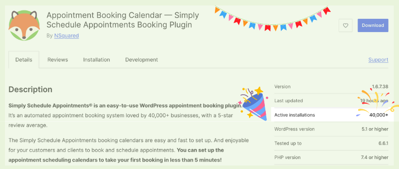 Simply Schedule Appointments WordPress.org listing page with Active Installations highlighted to show 40,000+.