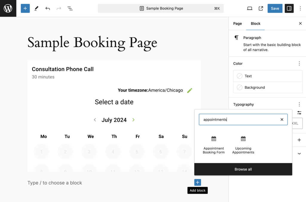 WordPress Block Editor Appointment Booking Form Block displayed on a sample booking page.