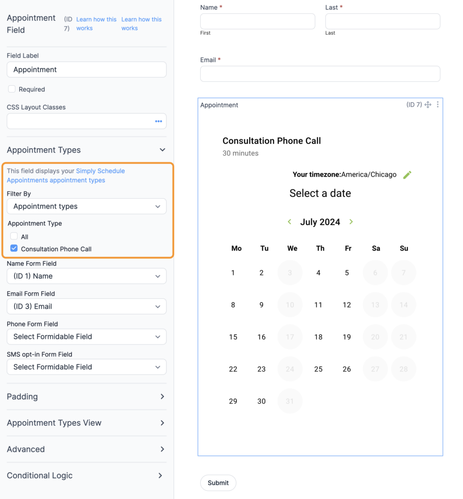 Formidable Forms Appointment field with the new Appointment Type selection settings highlighted under the field options.