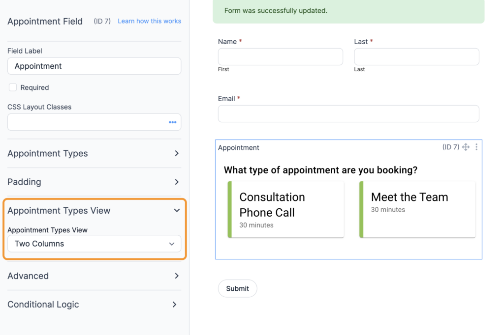 Formidable Forms Appointment field with the new Appointment Types view settings highlighted under the field options.