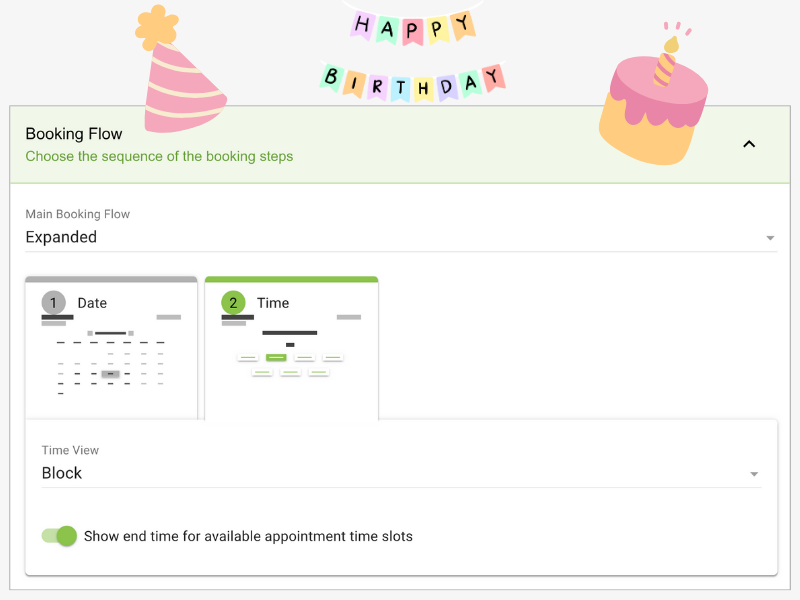 Booking Flow settings interface with birthday graphics displayed on top.