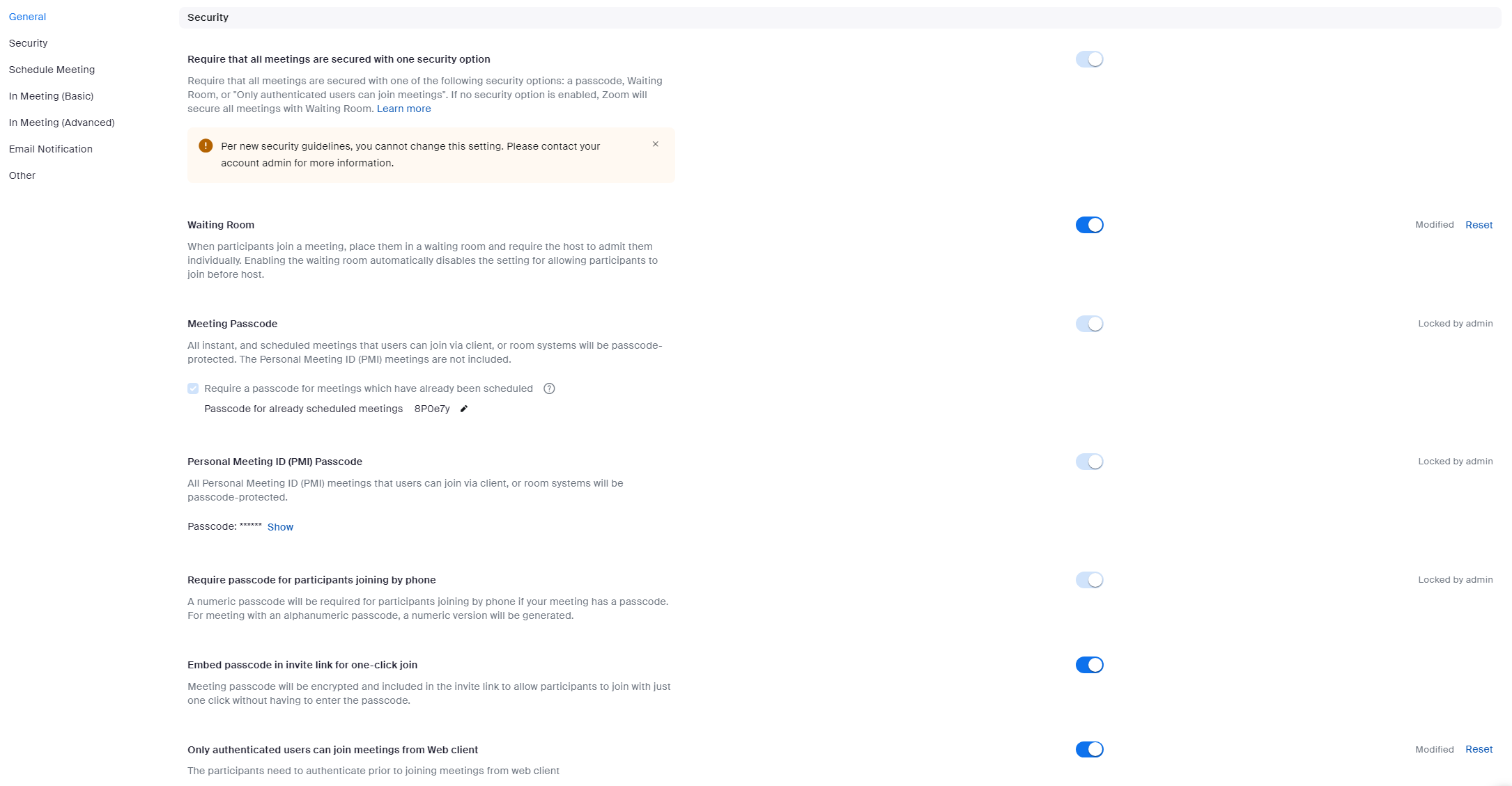 Zoom Meeting settings displaying the security options.