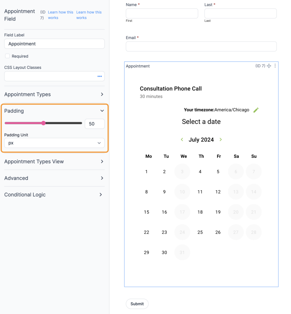 Formidable Forms Appointment field with the new padding settings highlighted under the field options.