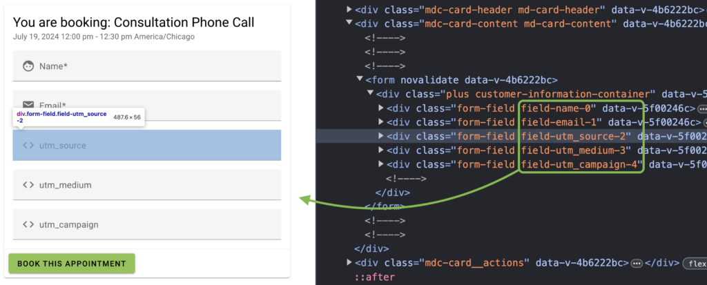 Inspecting the booking form fields with the Chrome inspection tools, the new custom css classes are highlighted.