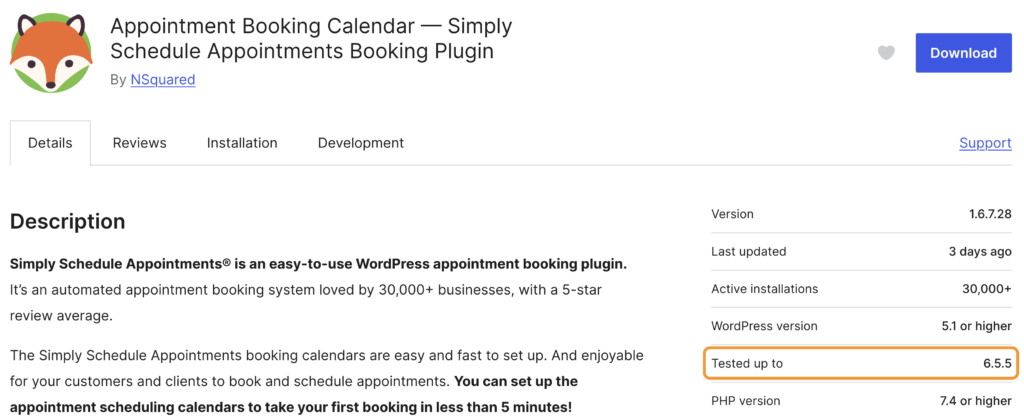 Simply Schedule Appointments WordPress.org listing page with the meta info for "Tested up to" highlighted.